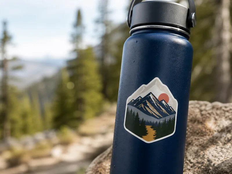 A custom outdoor sticker applied to a smooth metal water bottle