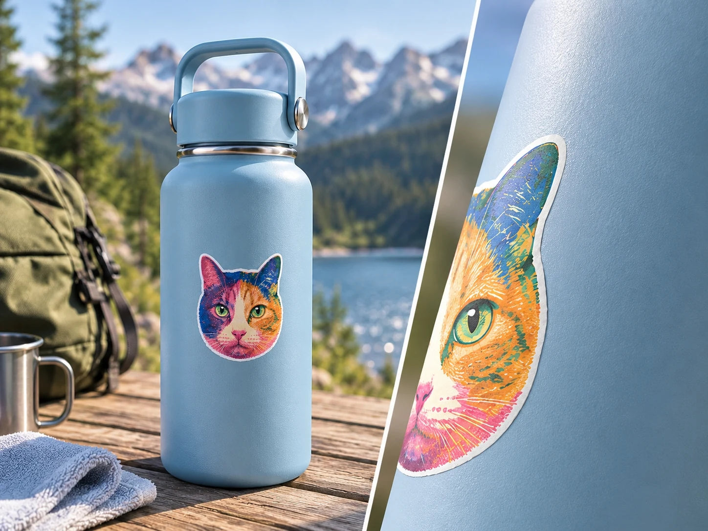 A custom outdoor sticker applied to a smooth metal water bottle