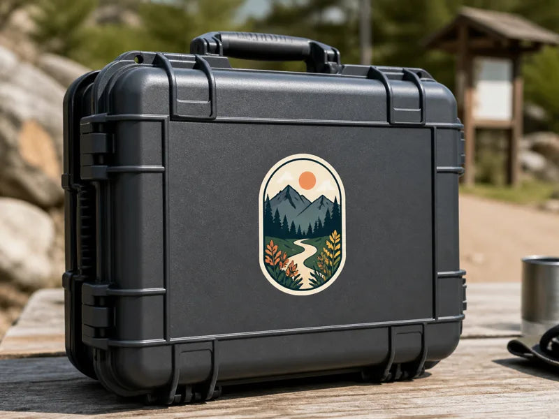 A custom outdoor sticker applied to the smooth panel of a rugged equipment case