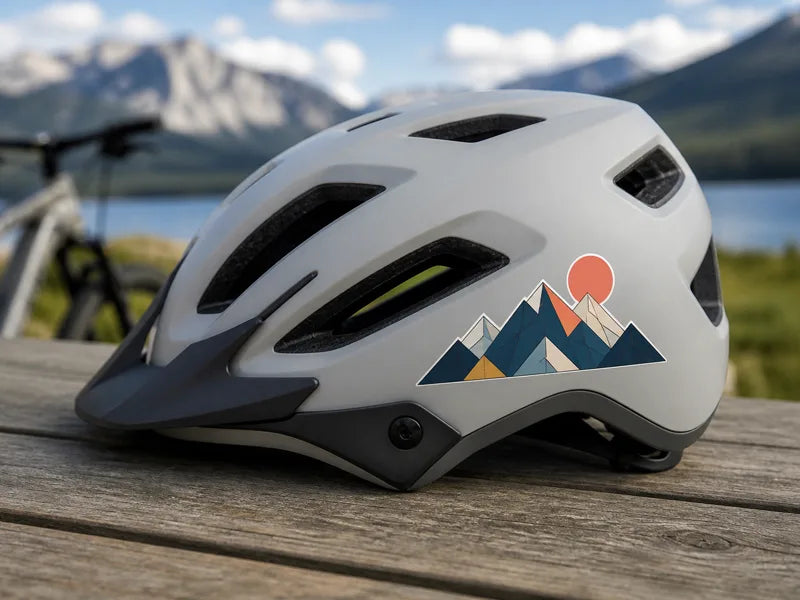 A decorative custom sticker placed on the side panel of a bicycle helmet