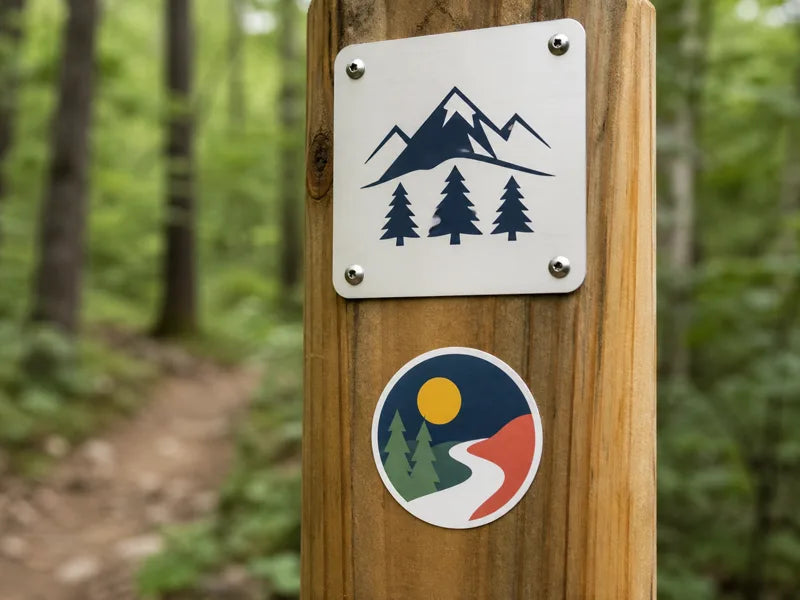 A symbol-only outdoor sticker applied beneath a small metal trail sign