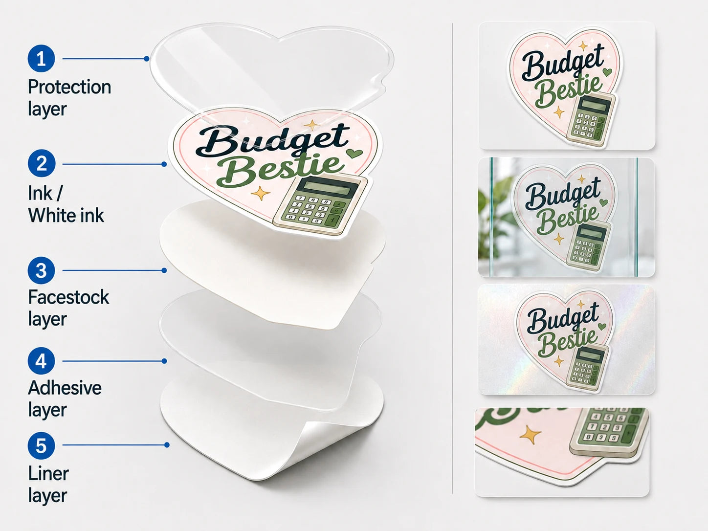 Five separated sticker material layers for art, merch & collectibles