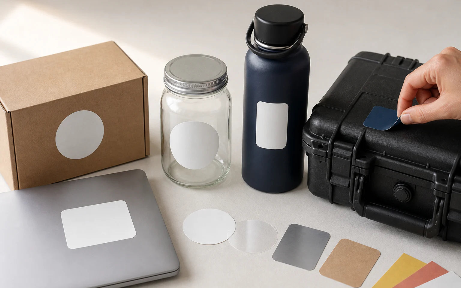 Sticker materials being evaluated across packaging, glass, a laptop, a reusable bottle and outdoor equipment