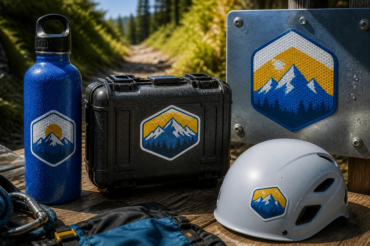 Illustrative five-layer construction direction for outdoor & gear stickers