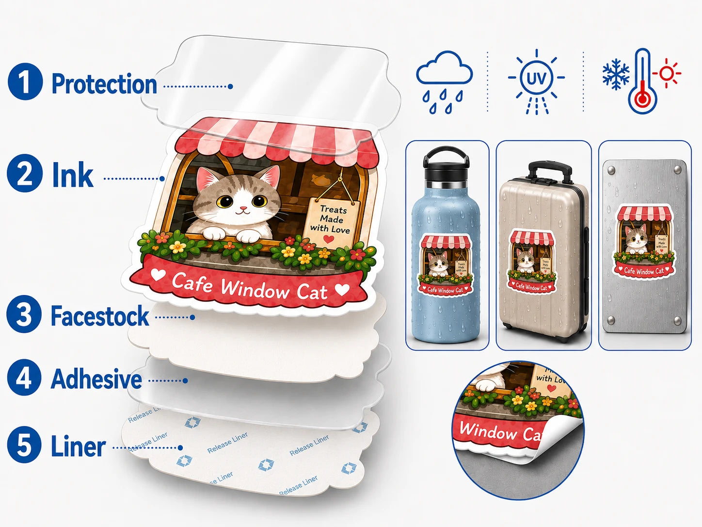 Five separated sticker material layers for outdoor & gear