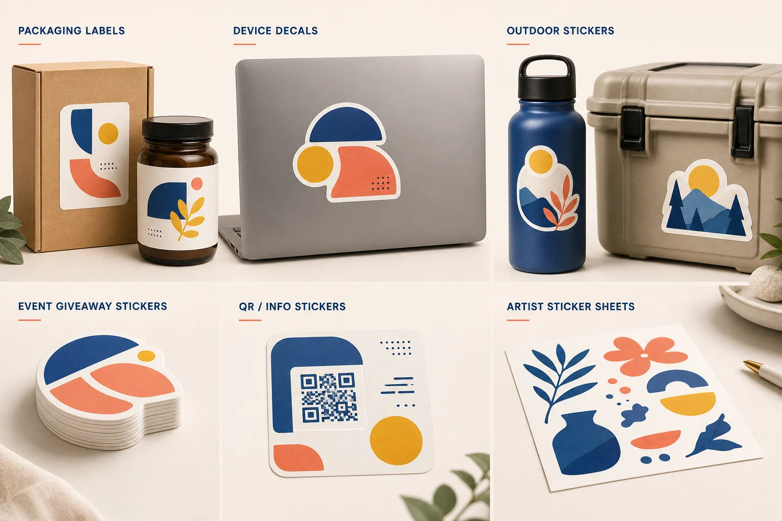 A catalog overview of custom sticker products for packaging, devices, gear, events, information and art
