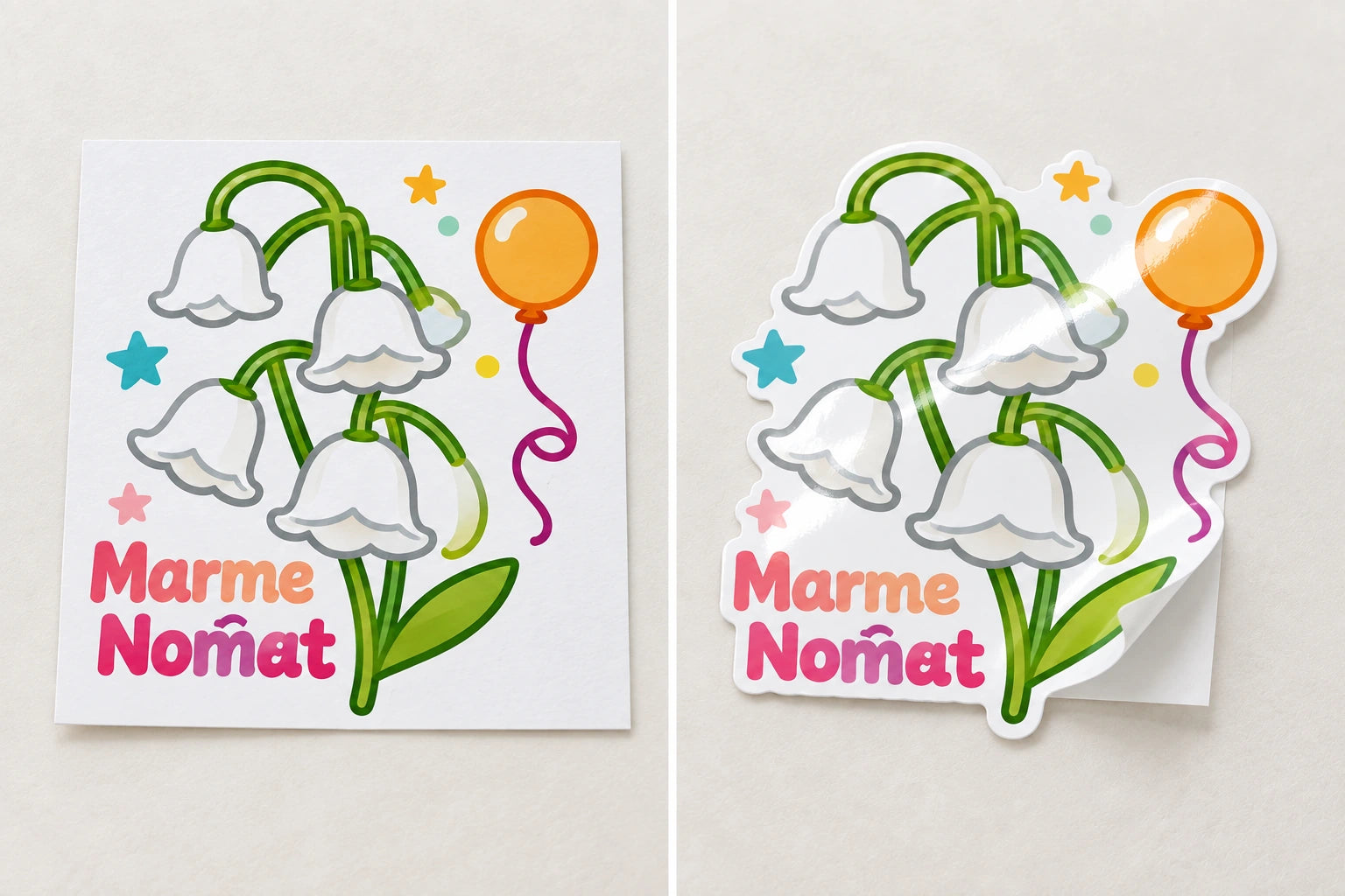 Illustrative comparison of a matte paper sticker and a thin custom-cut gloss vinyl sticker using matching floral artwork
