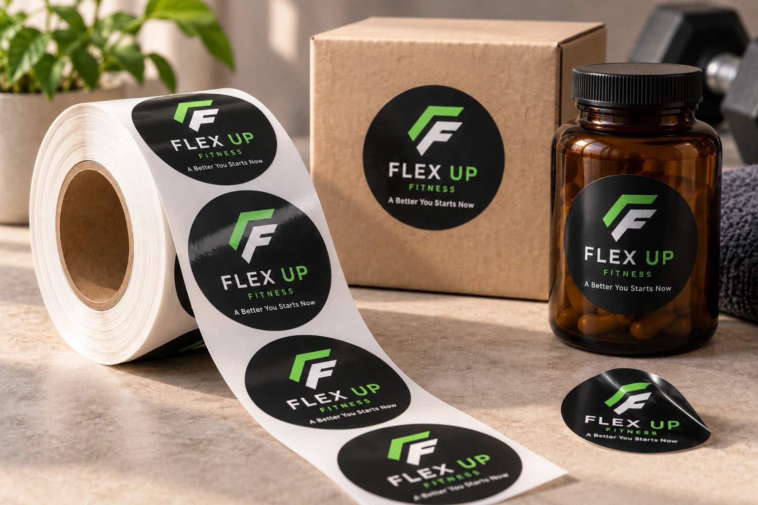 Gloss vinyl labels on a continuous liner beside matching labeled packaging