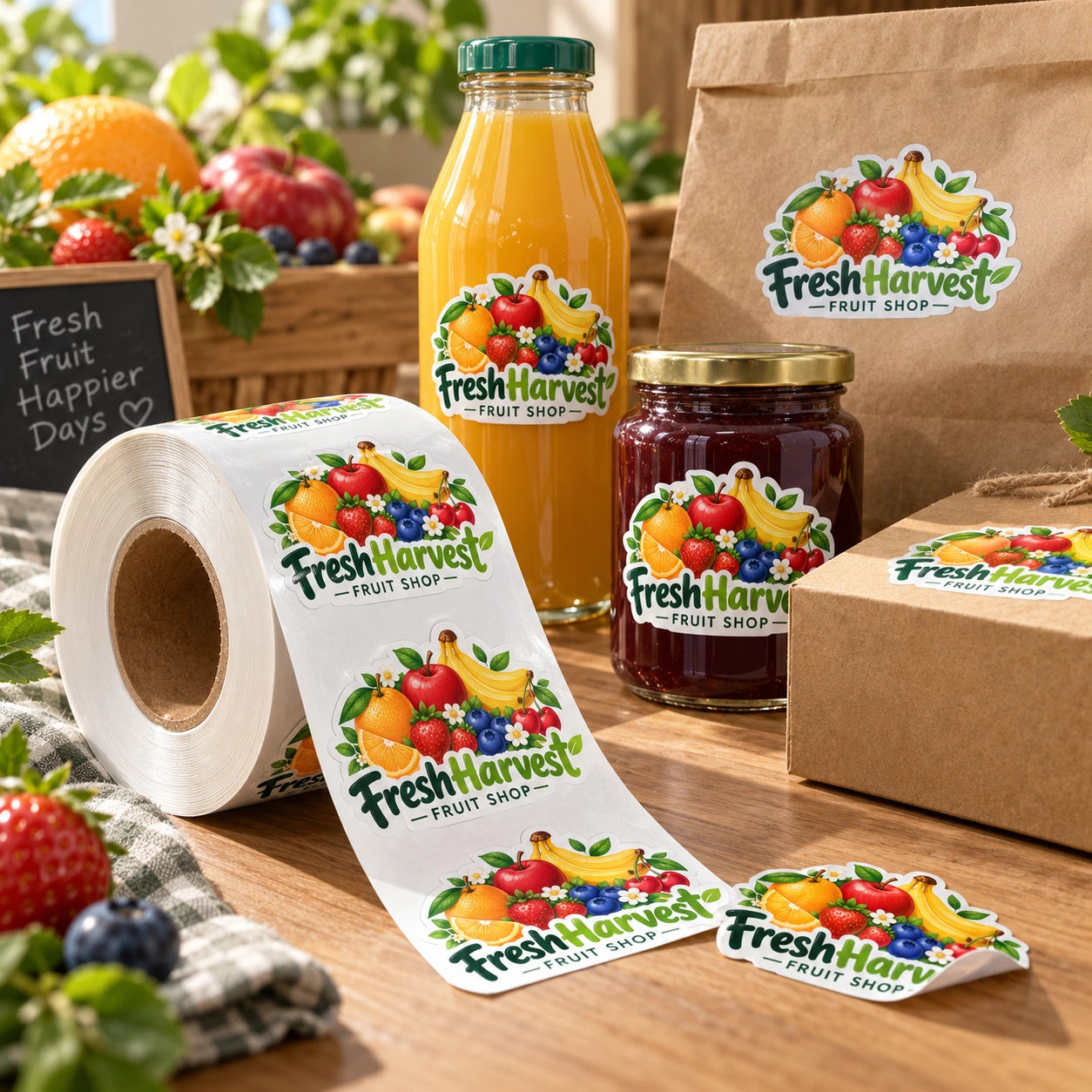 Matching fruit-themed gloss labels applied to packaging beside a label roll