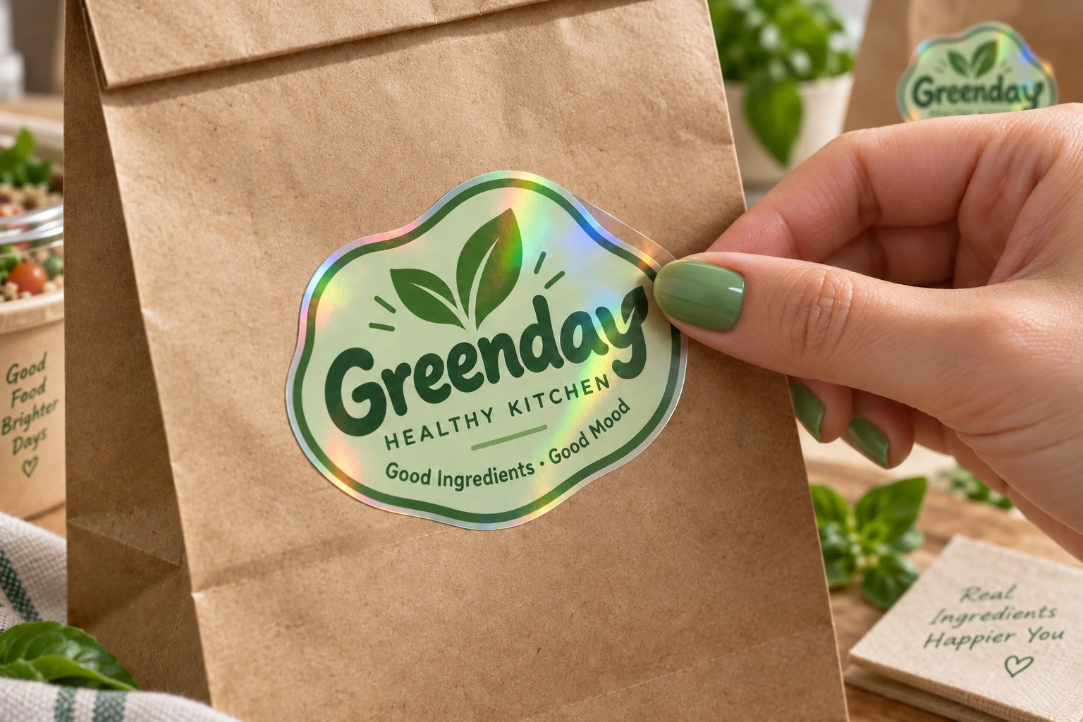 Illustrative close-up of a thin holographic label being applied to a kraft bag