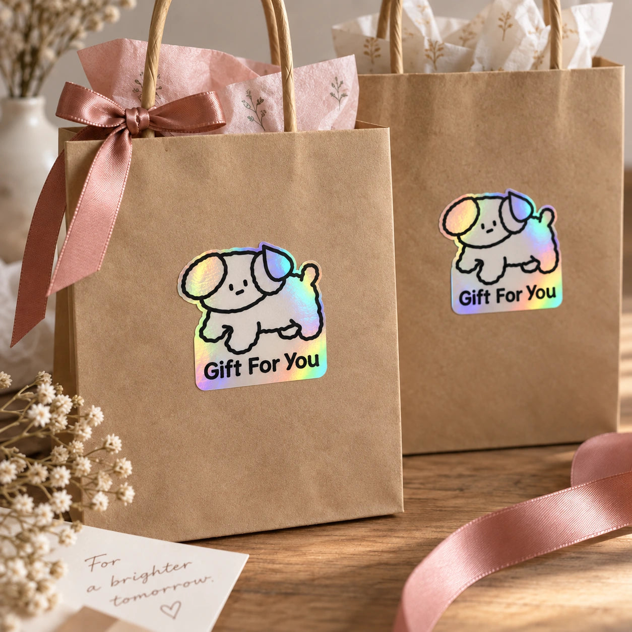 Matching puppy holographic gift labels on two kraft bags with pink ribbons