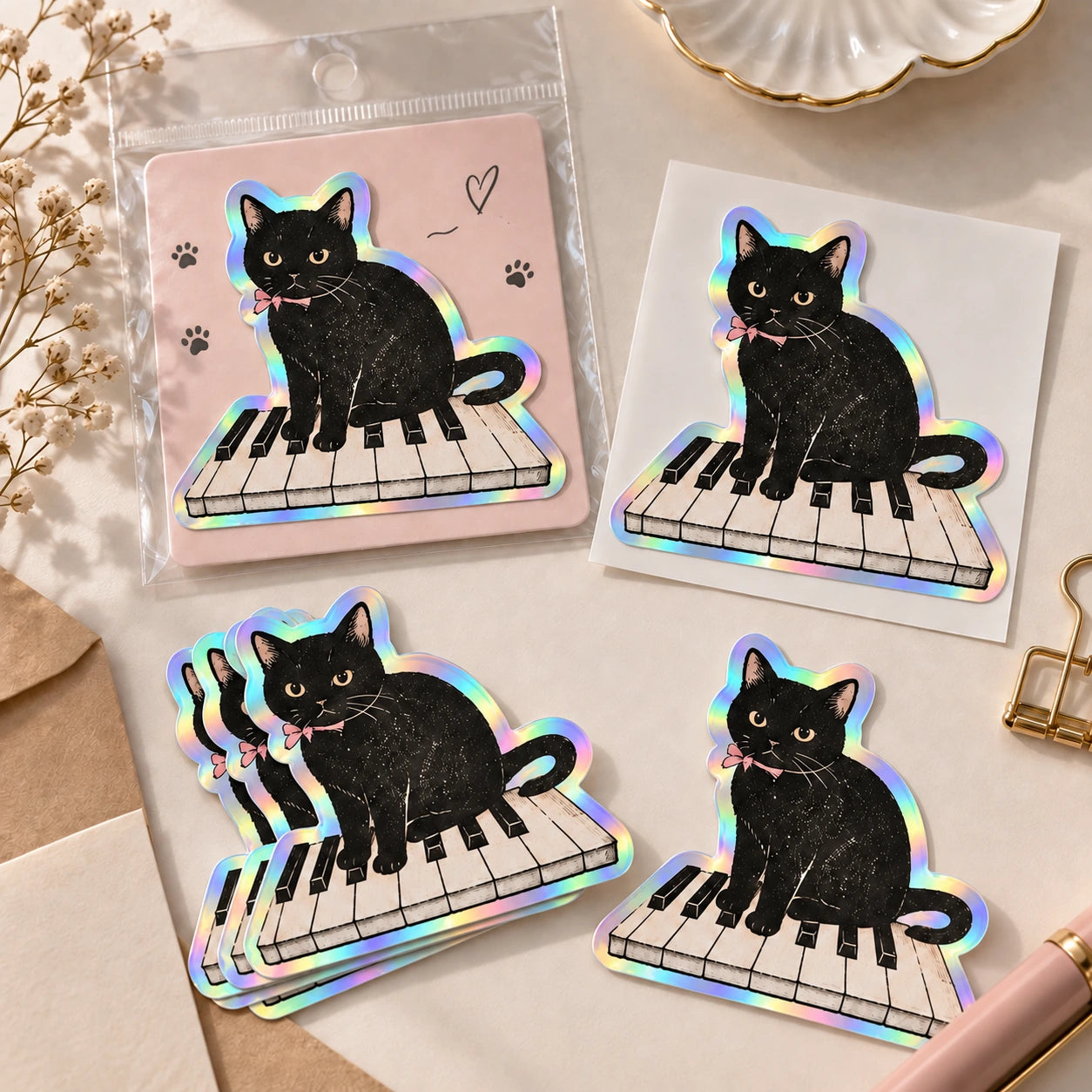 Black cat and piano stickers with smooth holographic borders arranged with backing cards