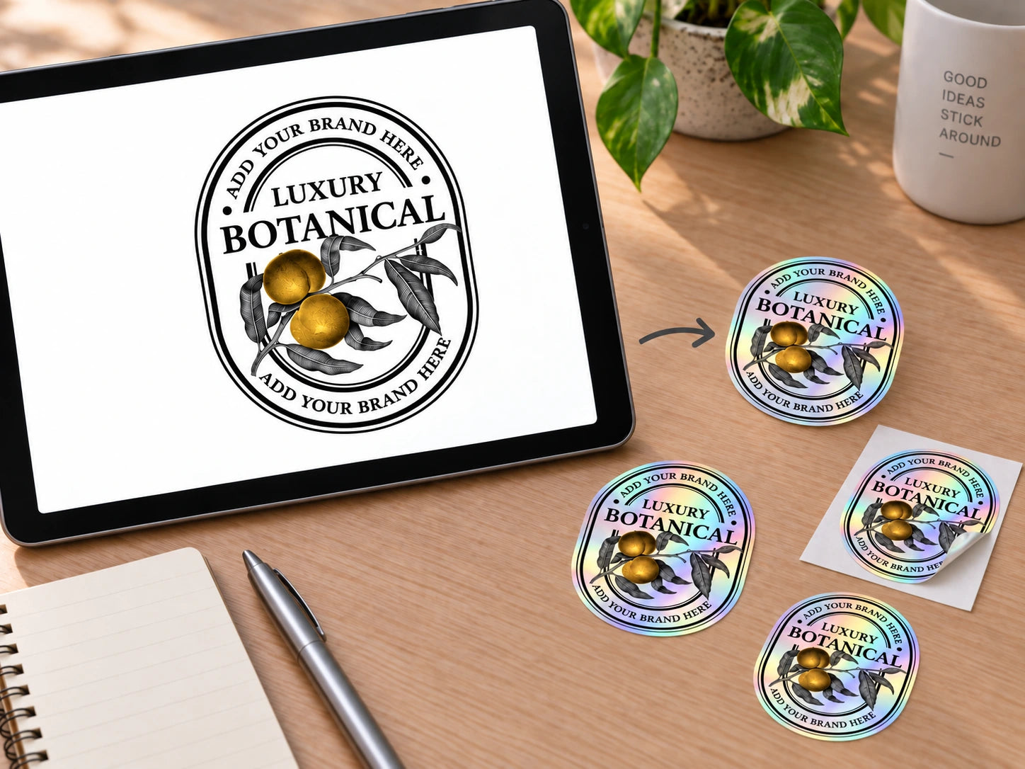 Illustrative botanical artwork preview beside corresponding holographic sticker samples