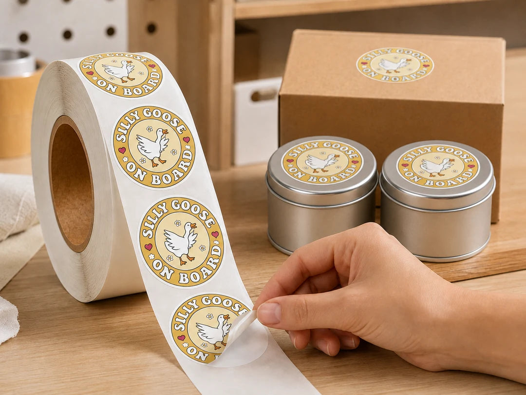 A roll of repeated custom labels being applied to product packaging