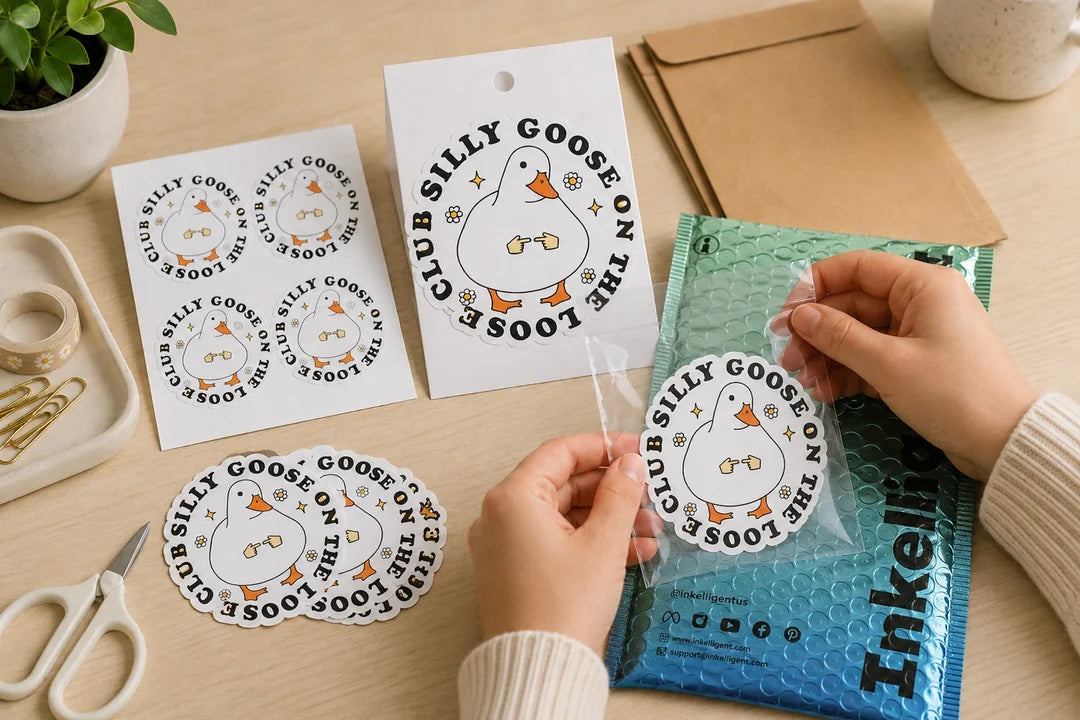 An artist preparing sticker sheets, die-cut stickers and backing cards for customer orders
