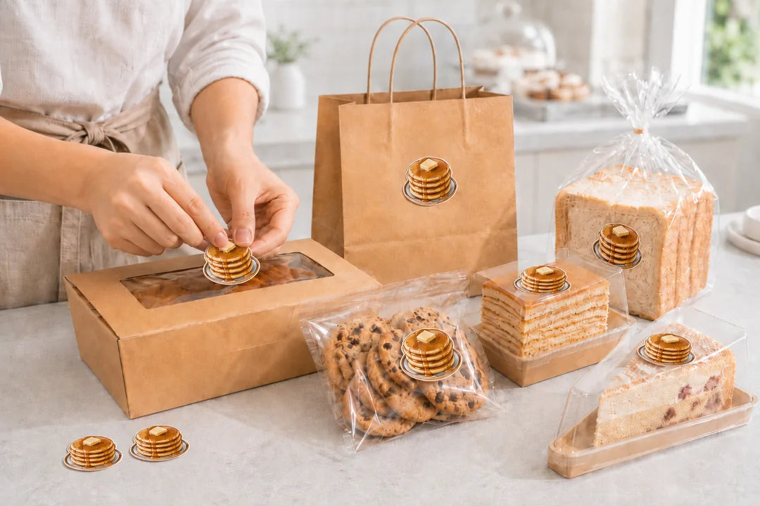Coordinated custom stickers applied to a bakery box, bag and packaging card