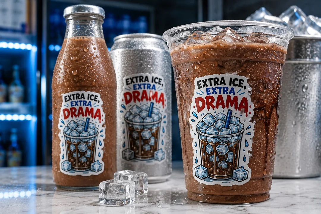 Custom beverage labels on chilled bottles and drinkware with visible condensation