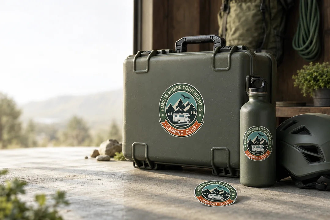 Durable custom stickers applied across an outdoor equipment case, bottle and helmet