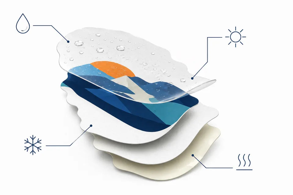 Custom sticker construction with protective laminate, printed face material, water beads and peeled adhesive backing