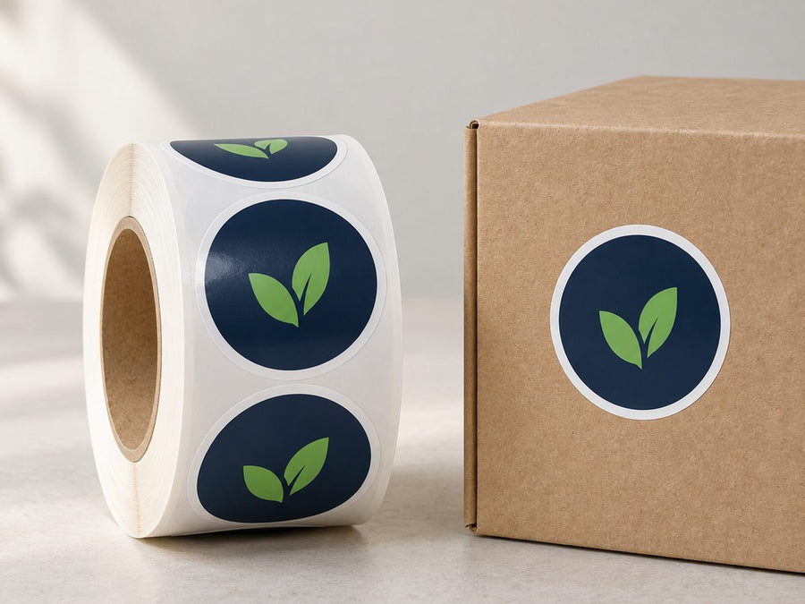 White coated paper roll labels next to the same label on a kraft shipping box