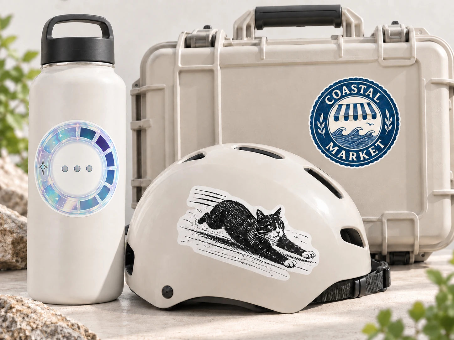 Outdoor stickers applied to a bottle, helmet and rugged equipment case
