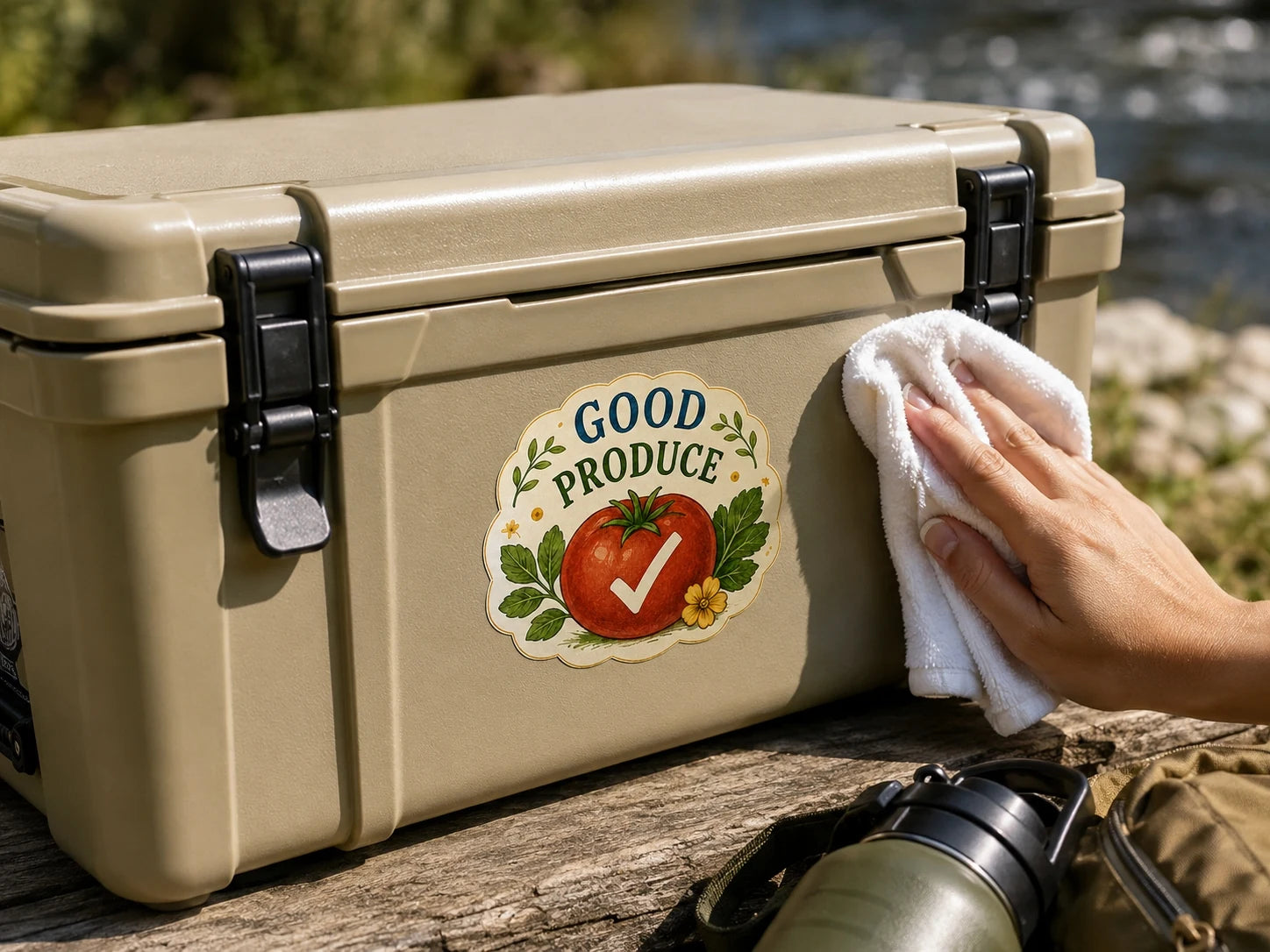 A custom outdoor sticker applied to the smooth panel of a rugged equipment case