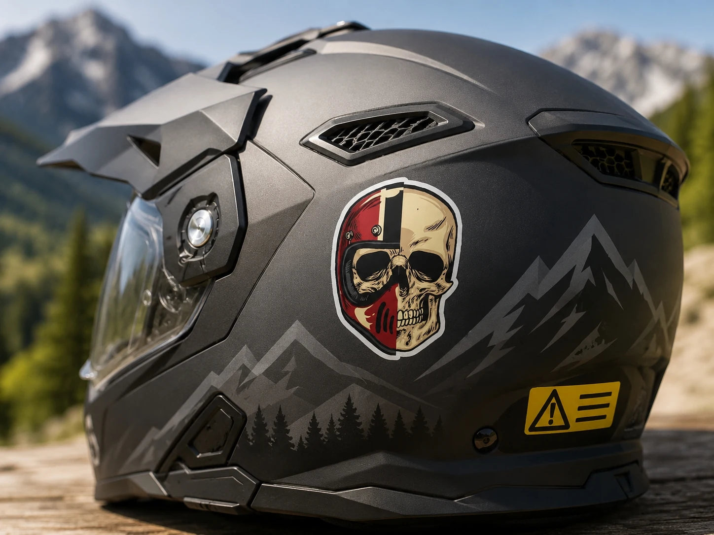 A decorative custom sticker placed on the side panel of a bicycle helmet