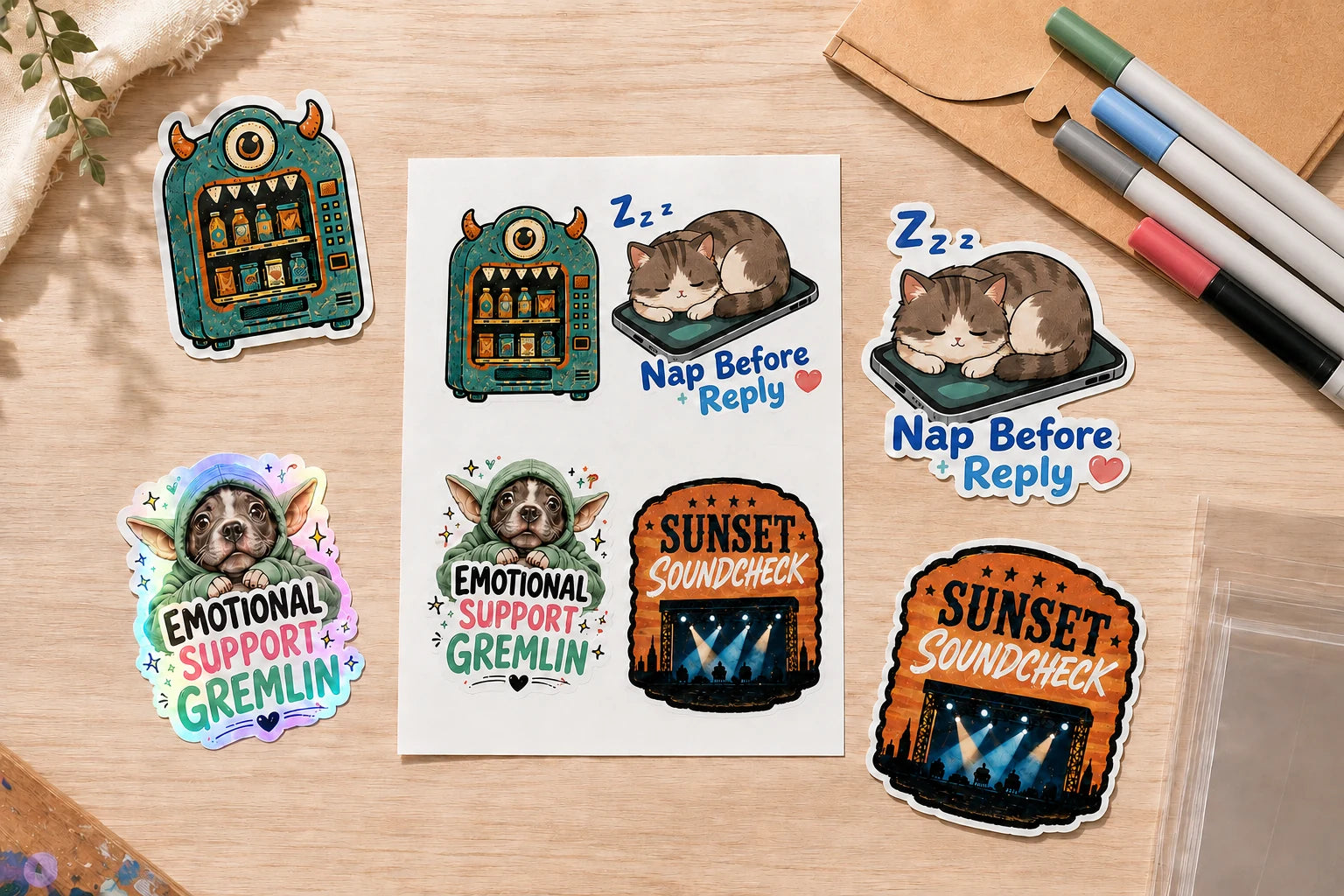 Artist stickers and collectible merchandise displayed as a creator collection