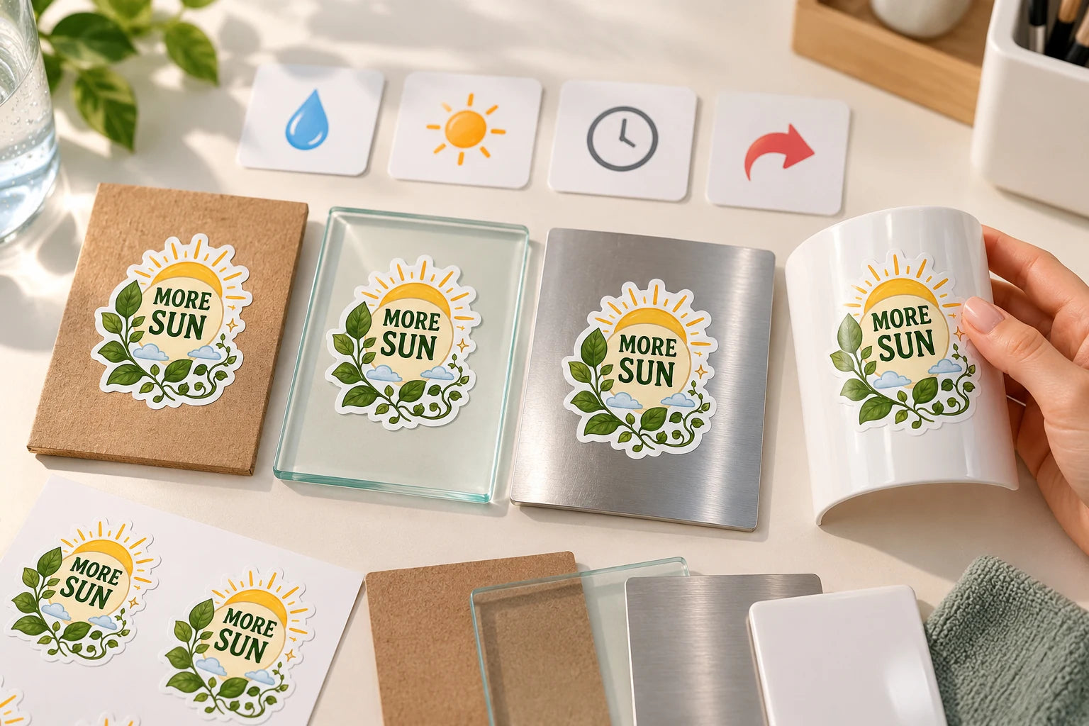 Sticker materials being evaluated across packaging, glass, a laptop, a reusable bottle and outdoor equipment