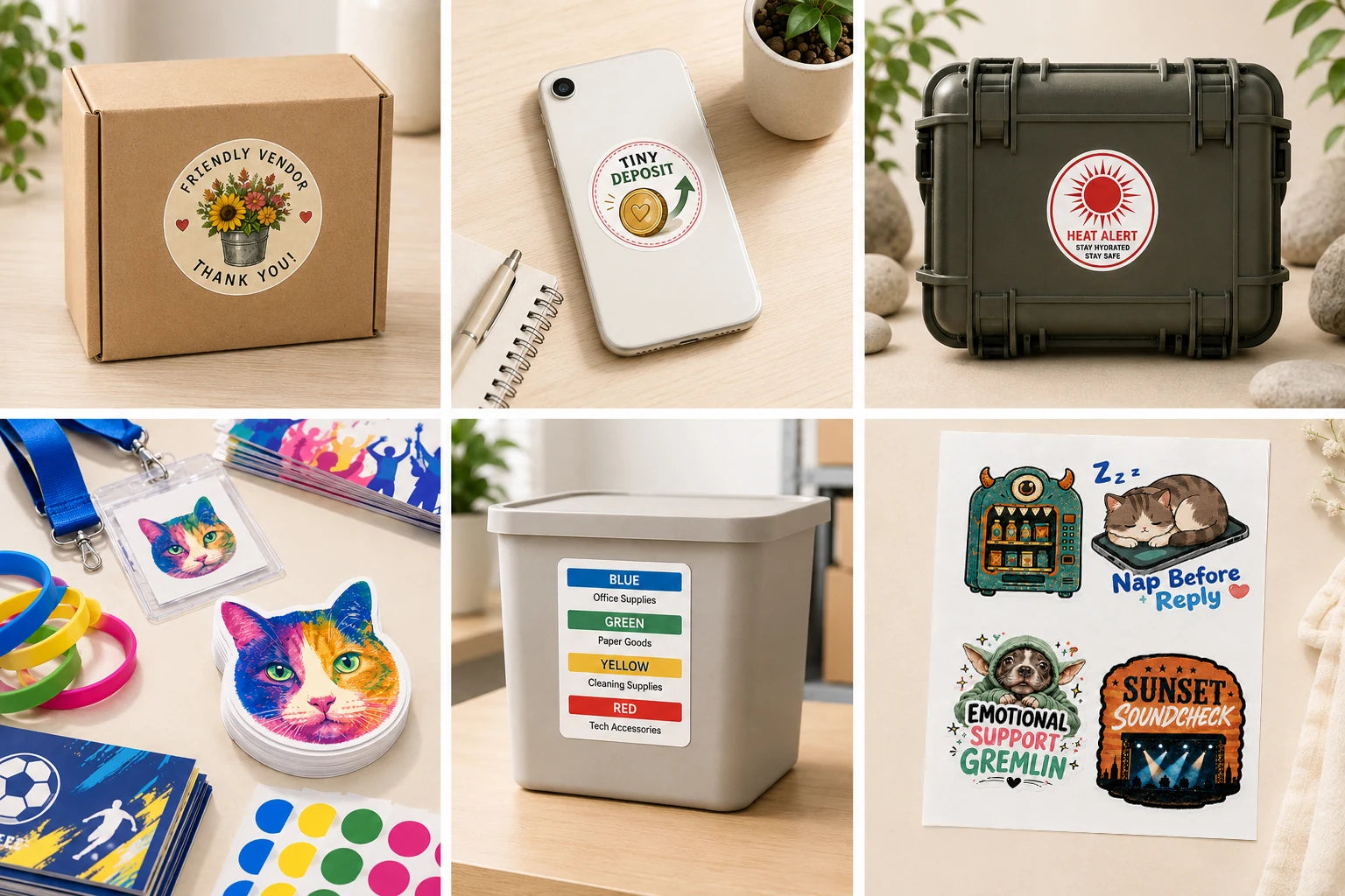 A catalog overview of custom sticker products for packaging, devices, gear, events, information and art