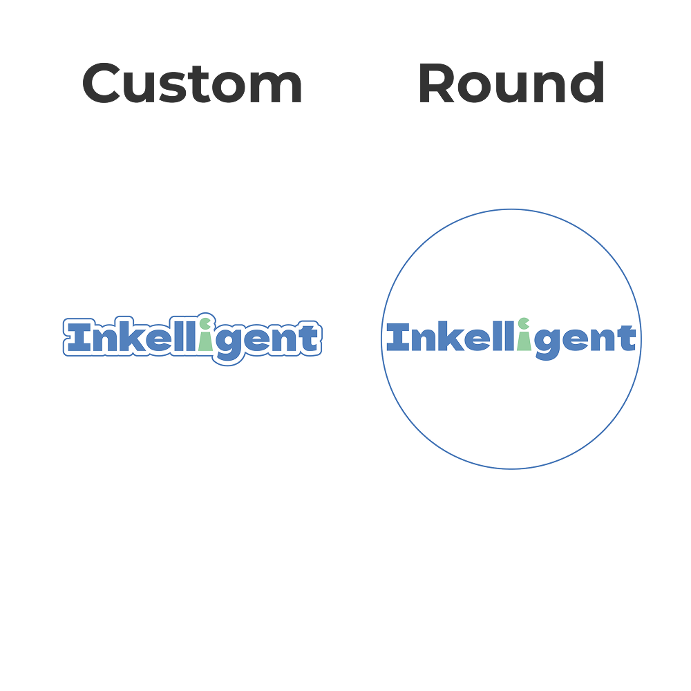 Custom contour cut on the left and a round sticker on the right.