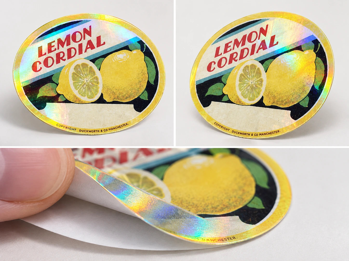 Illustrative holographic sticker angle comparison and flexible peel-back detail