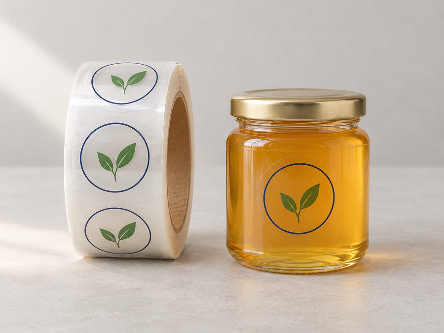 Illustration of clear BOPP roll labels on a glass jar