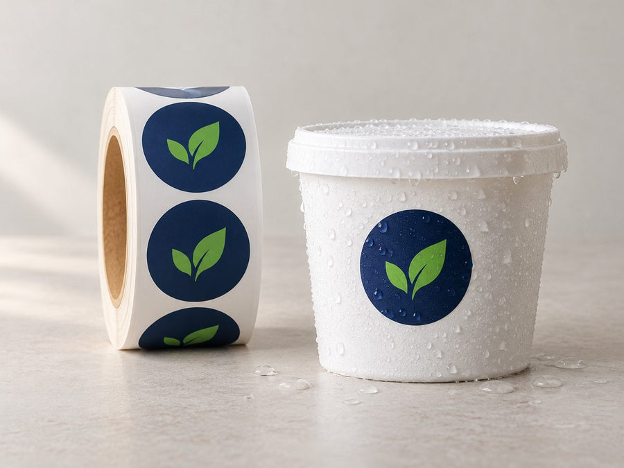 Illustration of synthetic paper roll labels on packaging