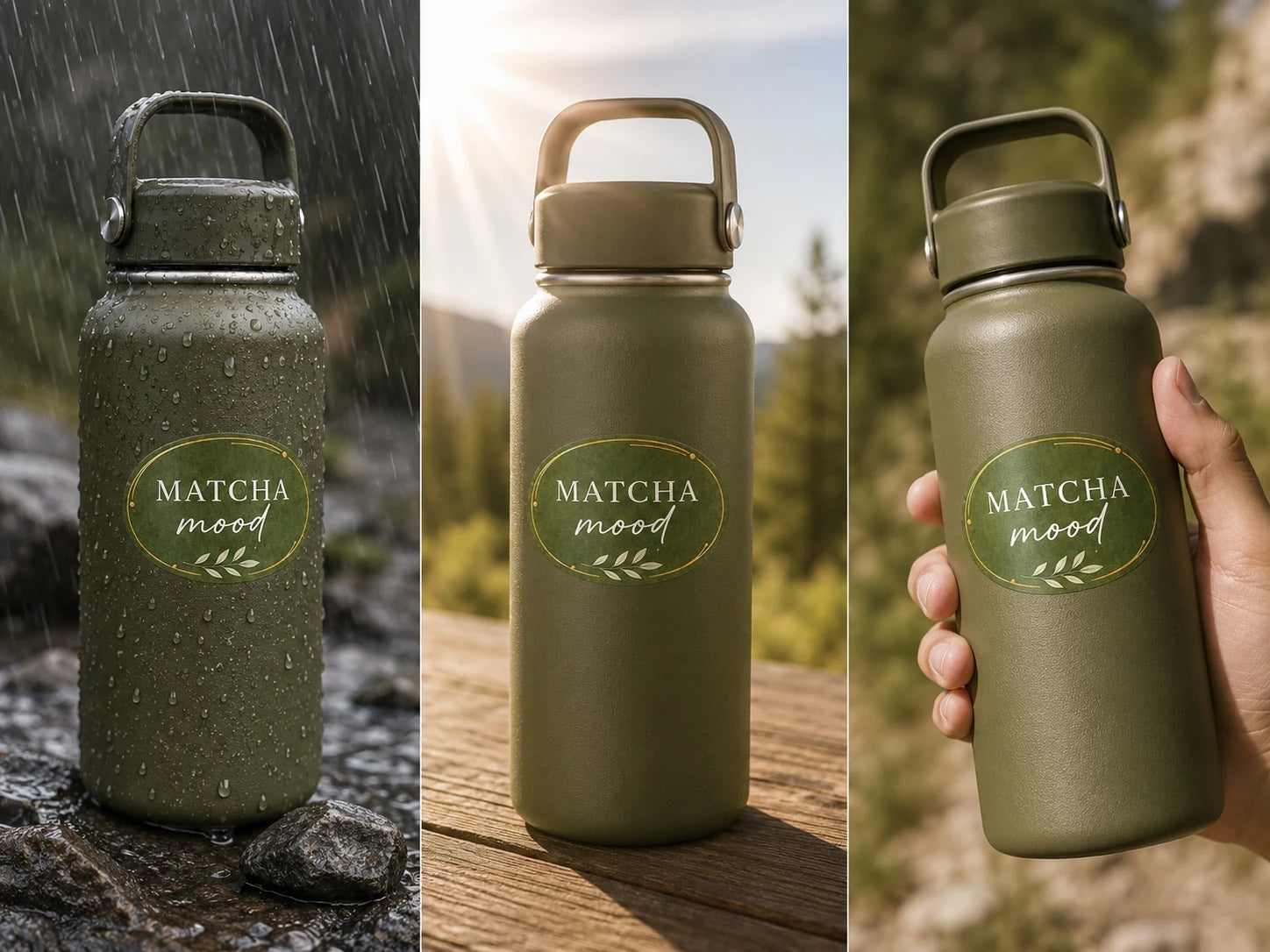 A stickered outdoor bottle exposed to light rain and regular backpack handling